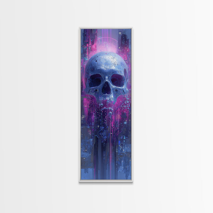 Cyberpunk Skull with Chrome and Violet Light Framed Canvas Print, Cyberpunk Art, Contemporary Art, Living Room Decor, Neon, CYB-1x3-8