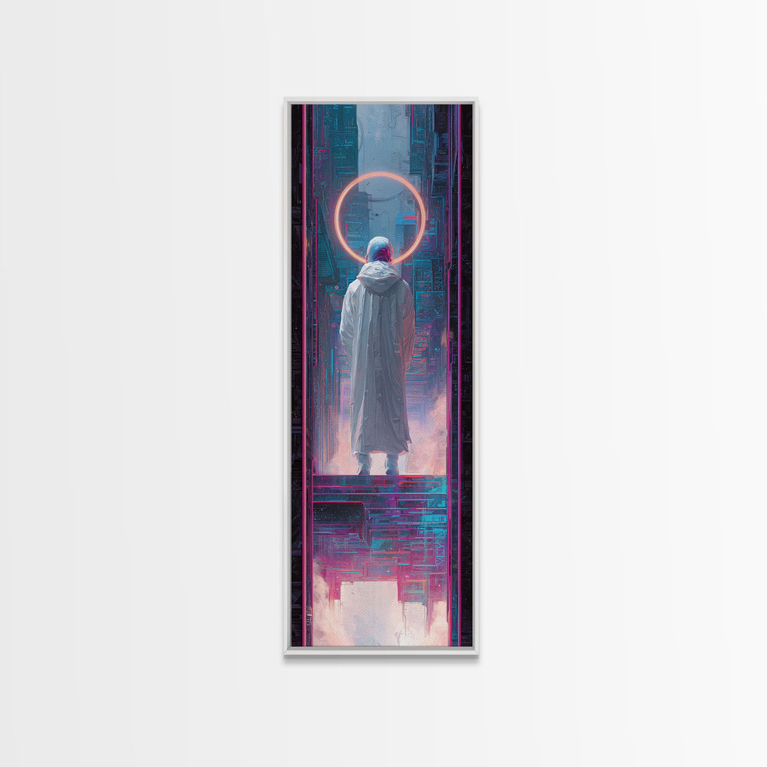 Masked Hacker Figure Canvas Print, Cyberpunk Art, Wall Art, Living Room Decor, Oil Painting, Neon, Abstract Art, CYB-1x3-90