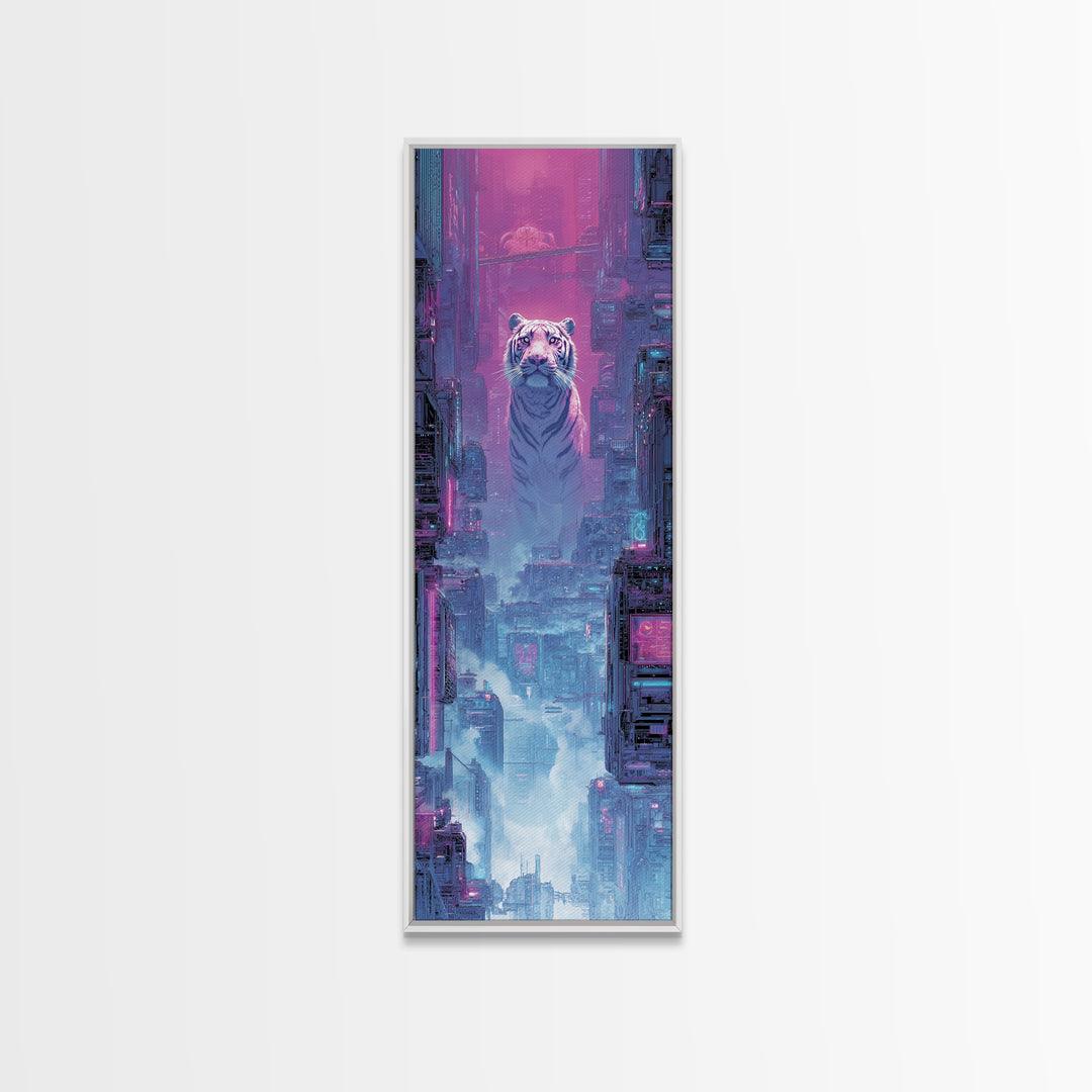 Neon Tiger Emerging from Digital Fog Canvas Print, Cyberpunk Art, Digital Art, Living Room Decor, Fine Art, Neon, Cool Wall Art, CYB-1x3-93