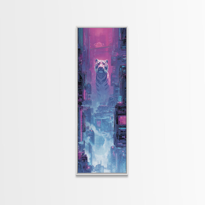 Neon Tiger Emerging from Digital Fog Canvas Print, Cyberpunk Art, Digital Art, Living Room Decor, Fine Art, Neon, Cool Wall Art, CYB-1x3-93
