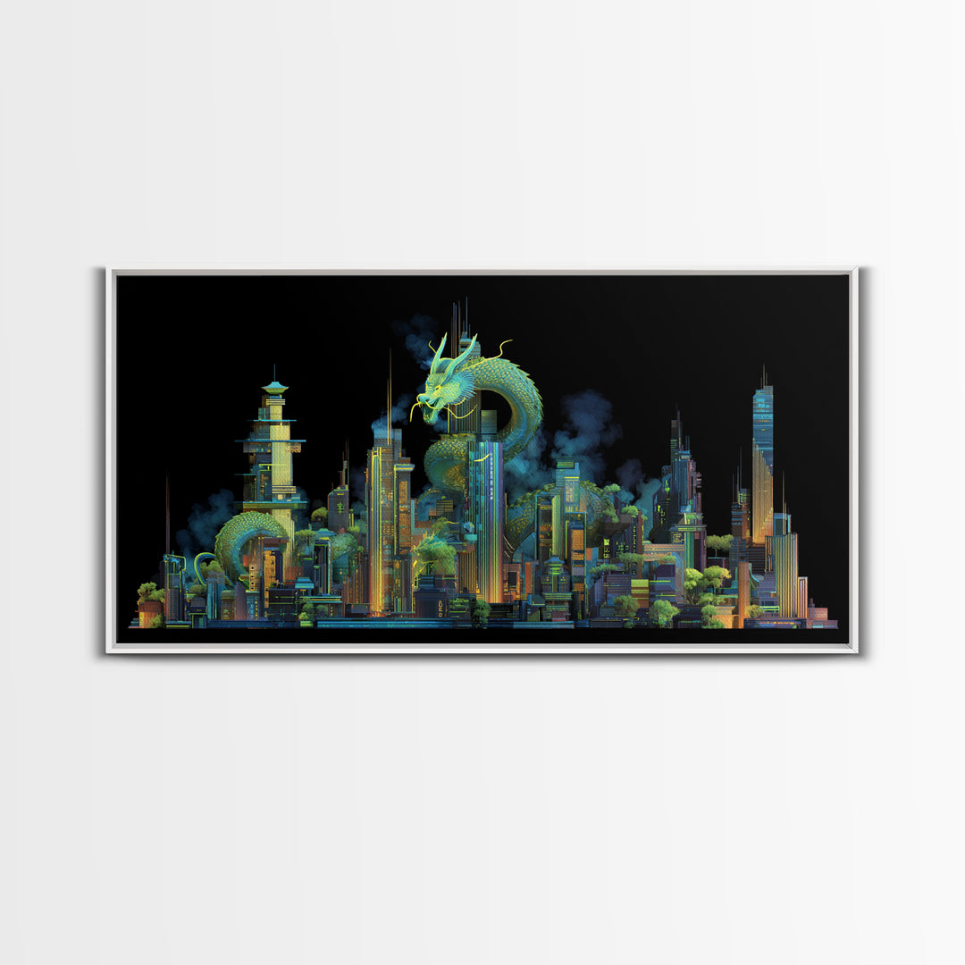 Neon Dragon Wrapped Around Skyscraper Shapes Framed Canvas Print, Cyberpunk Art, Living Room Decor, Abstract Art, Neon, CYB-2x1-10