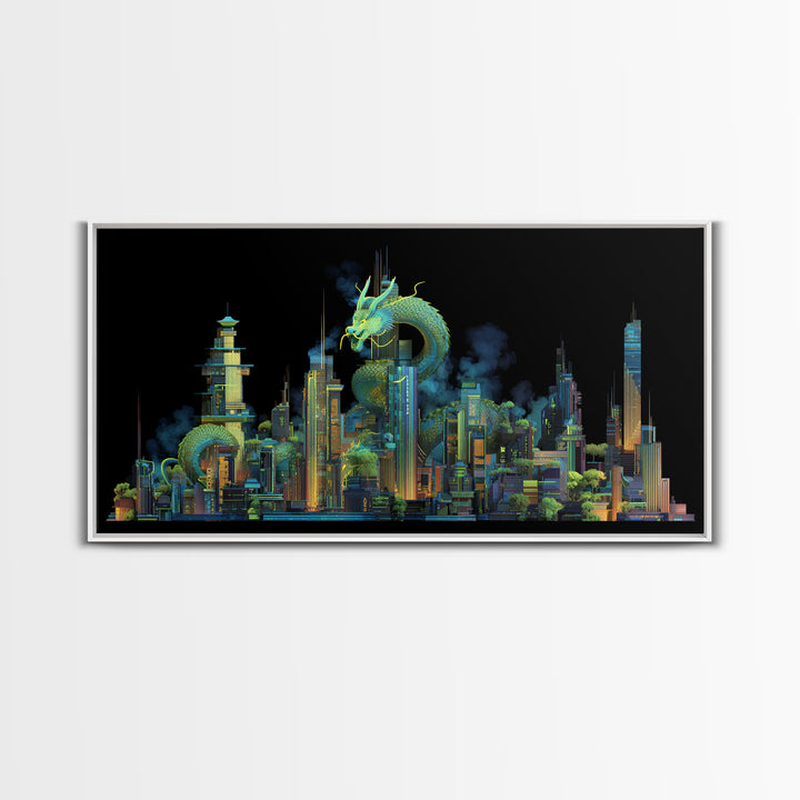 Neon Dragon Wrapped Around Skyscraper Shapes Framed Canvas Print, Cyberpunk Art, Living Room Decor, Abstract Art, Neon, CYB-2x1-10
