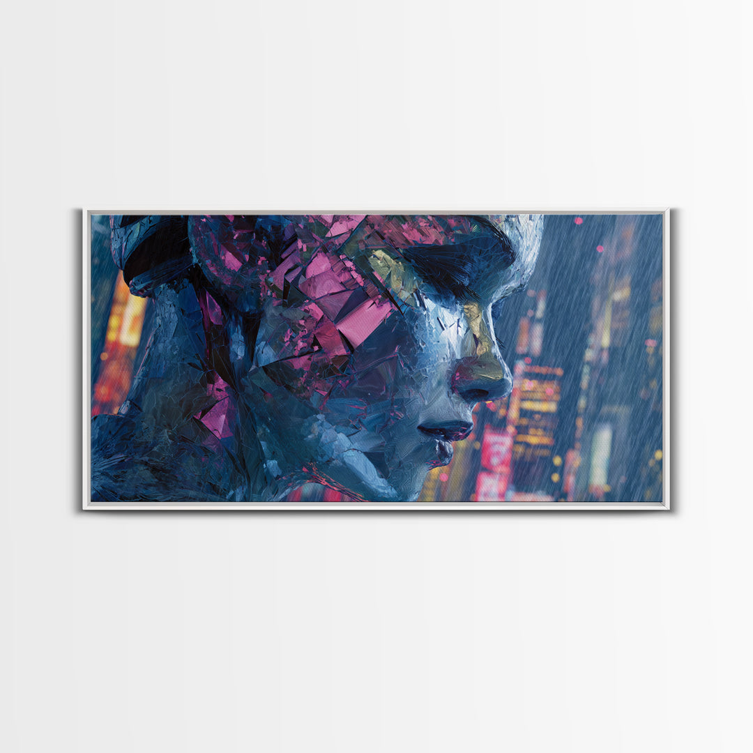 Ai Mask Portrait Framed Canvas Print, Cyberpunk Art, Statement Artwork, Living Room Decor, Fine Art, Neon, Art Print, CYB-2x1-20