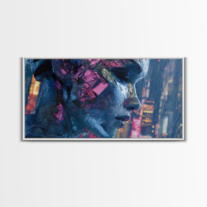 Ai Mask Portrait Framed Canvas Print, Cyberpunk Art, Statement Artwork, Living Room Decor, Fine Art, Neon, Art Print, CYB-2x1-20
