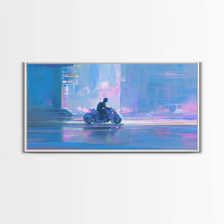 Motorcycle Rider under Holographic Signs Framed Canvas Print, Cyberpunk Art, Minimalist Decor, Living Room Decor, Neon, CYB-2x1-24
