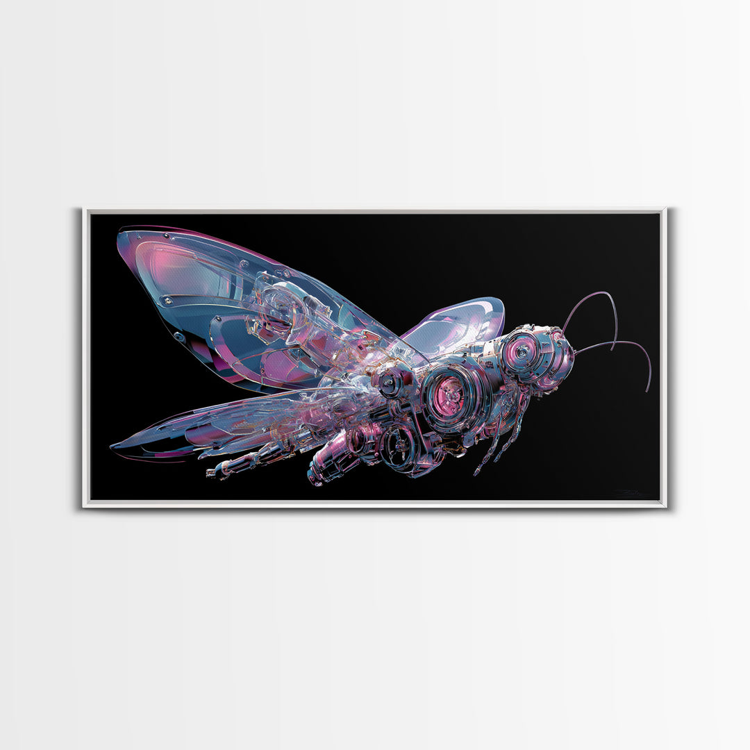 Holographic Butterfly over Black Metal Surface Canvas Print, Cyberpunk Art, Printable Wall Art, Living Room Decor, Neon, CYB-2x1-39