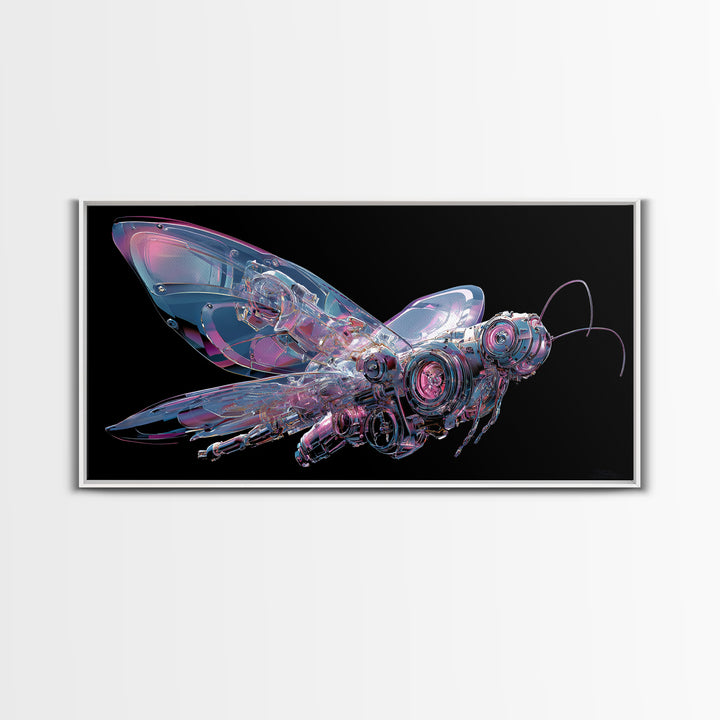Holographic Butterfly over Black Metal Surface Canvas Print, Cyberpunk Art, Printable Wall Art, Living Room Decor, Neon, CYB-2x1-39