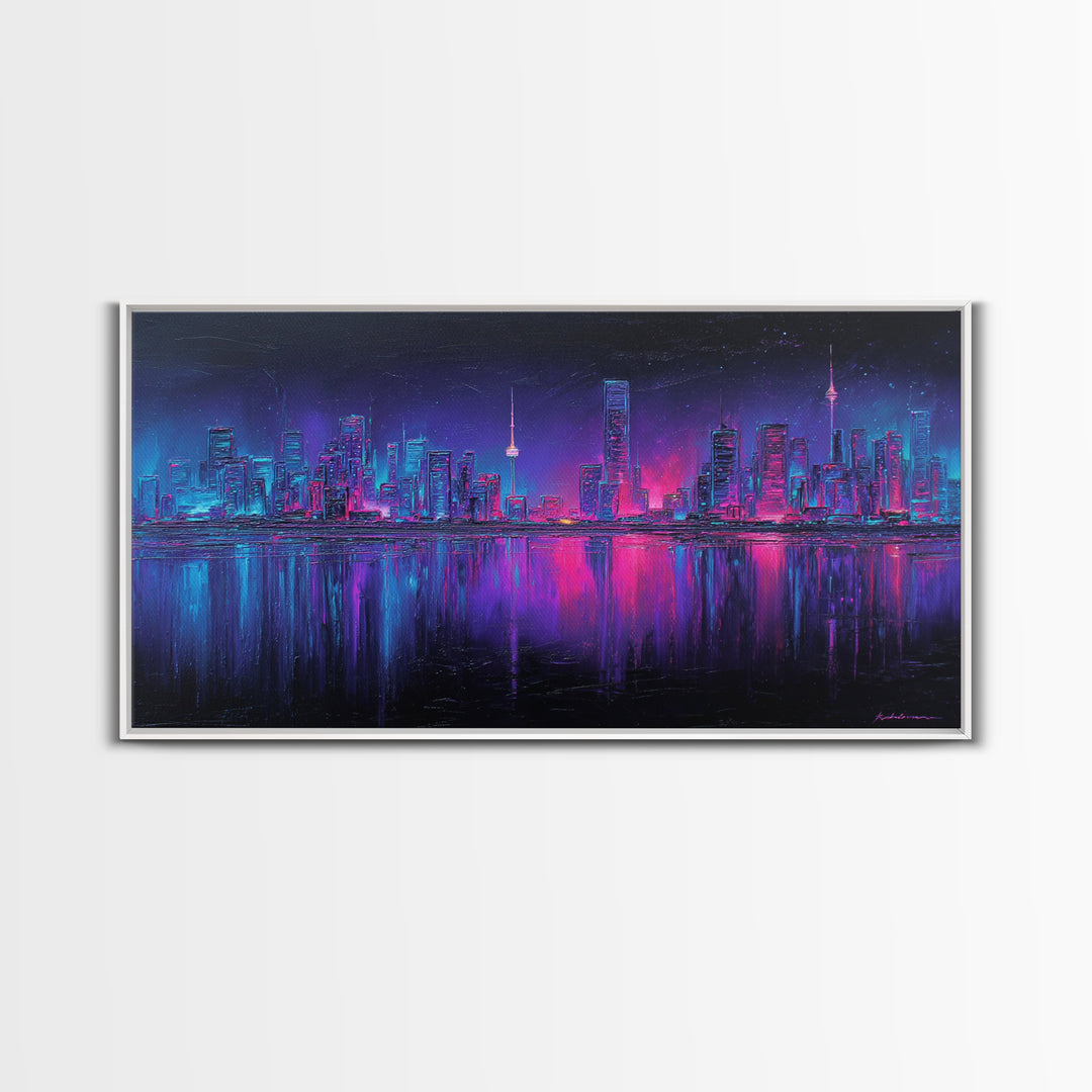 Neon Skyline Reflected Framed Canvas Print, Cyberpunk Art, Room Decor, Living Room Decor, Abstract Art, Neon 142, Cyberpunk, CYB-2x1-42