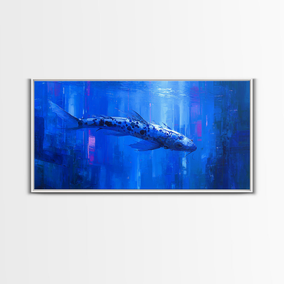 Cyberpunk Koi Swimming Through Electric Blue Water Canvas Print, Cyberpunk Art, Japanese Wall Art, Living Room Decor, Neon, CYB-2x1-49