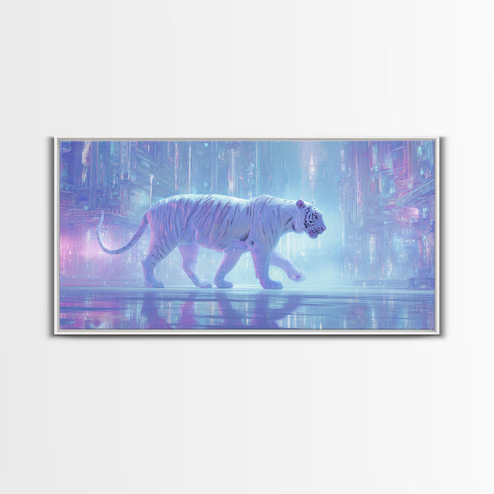 Neon Tiger Emerging from Digital Fog Framed Canvas Print, Cyberpunk Art, Digital Wall Art, Living Room Decor, Watercolor Art, CYB-2x1-5