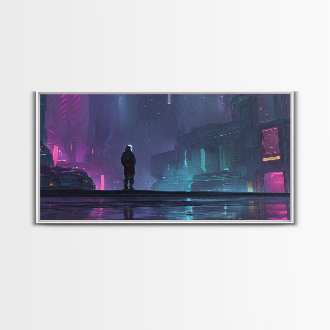 Masked Hacker Figure Framed Canvas Print, Cyberpunk Art, Wall Decor, Living Room Decor, Fine Art, Neon, Japanese Art, CYB-2x1-50