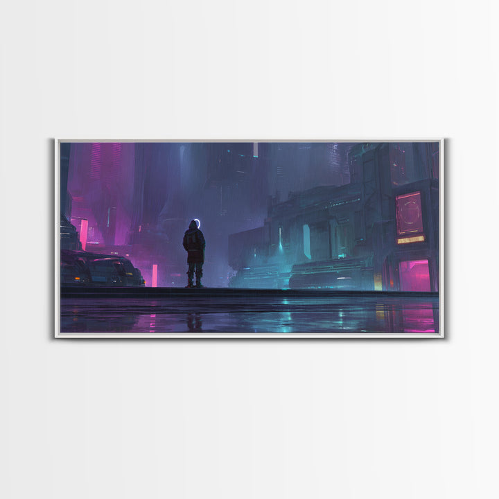 Masked Hacker Figure Framed Canvas Print, Cyberpunk Art, Wall Decor, Living Room Decor, Fine Art, Neon, Japanese Art, CYB-2x1-50
