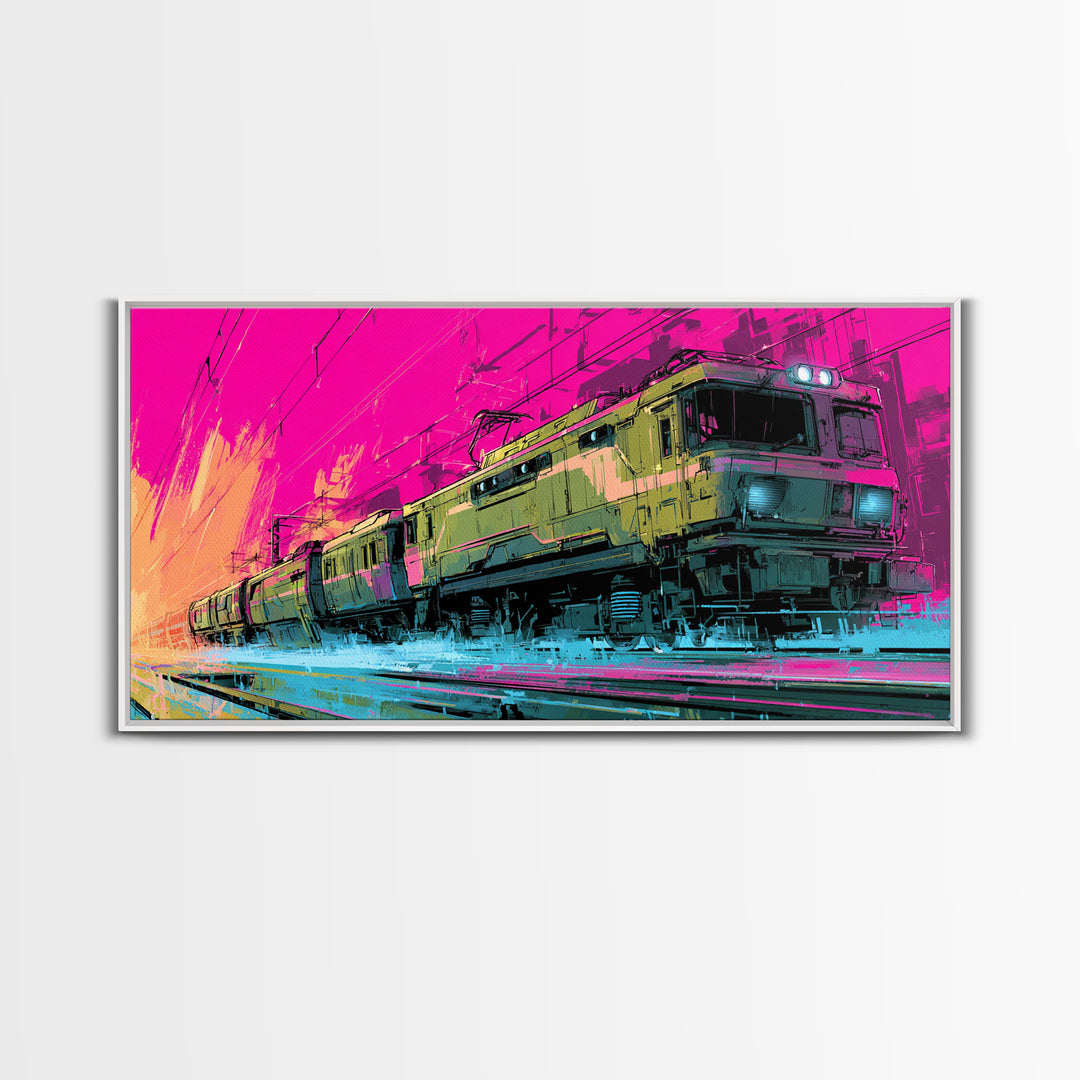 City Train Rushing Through Pink Electric Haze Canvas Print, Cyberpunk Art, Gothic Decor, Living Room Decor, Fine Art, Neon, CYB-2x1-57