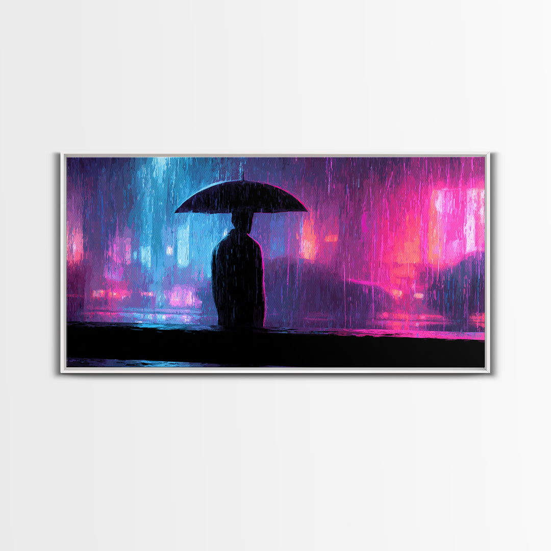 Glowing Umbrella Figure Framed Canvas Print, Cyberpunk Art, Cyberpunk Jacket, Living Room Decor, Fine Art, Neon, Boho Decor, CYB-2x1-59