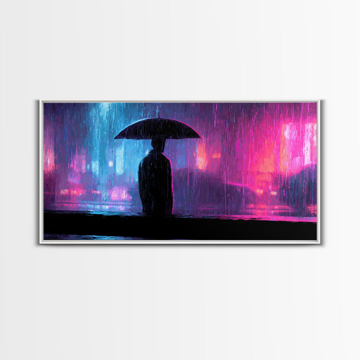 Glowing Umbrella Figure Framed Canvas Print, Cyberpunk Art, Cyberpunk Jacket, Living Room Decor, Fine Art, Neon, Boho Decor, CYB-2x1-59