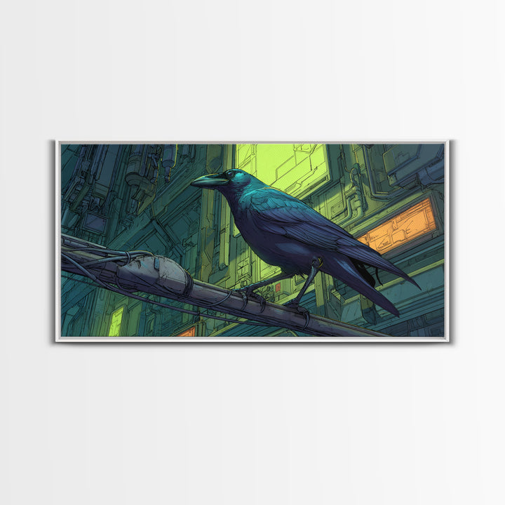 Cybernetic Raven Perched on a Cable Framed Canvas Print, Cyberpunk Art, Art Print, Living Room Decor, Fine Art, Neon, CYB-2x1-7