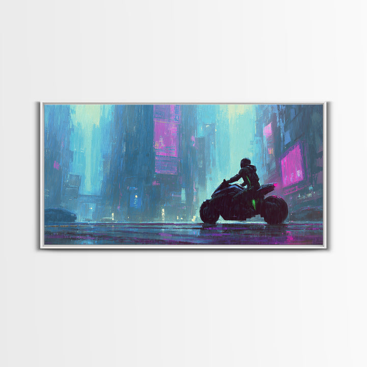 Motorcycle Rider under Holographic Signs Framed Canvas Print, Cyberpunk Art, Gothic Decor, Living Room Decor, Fine Art, Neon, CYB-2x1-72