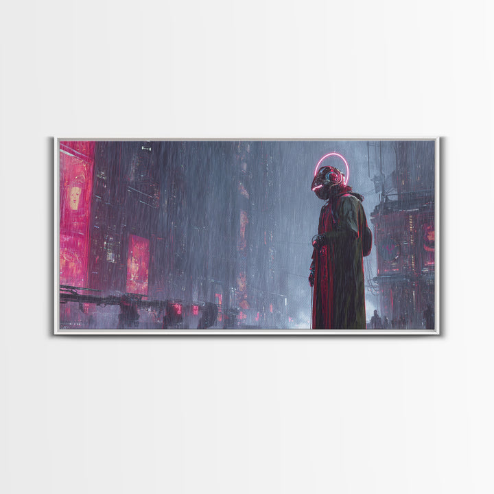 Masked Hacker Figure Canvas Print, Cyberpunk Art, Digital Wall Art, Living Room Decor, Fine Art, Neon, Man Cave Decor, CYB-2x1-74