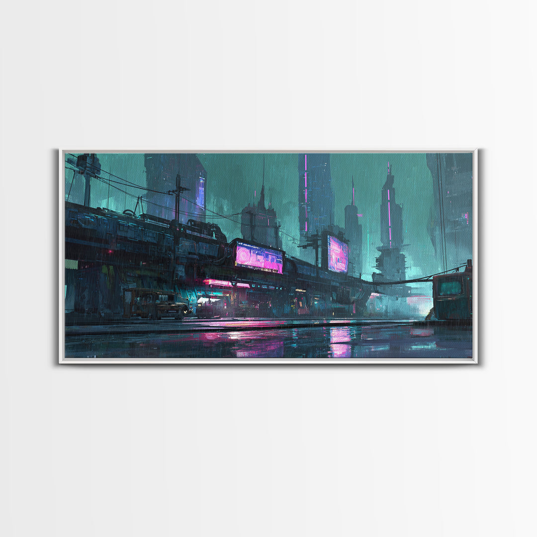 Retro Arcade Dystopia Canvas Print, Cyberpunk Art, Cyberpunk, Living Room Decor, Fine Art, Neon, Modern Art, Blue Wall Art, CYB-2x1-78