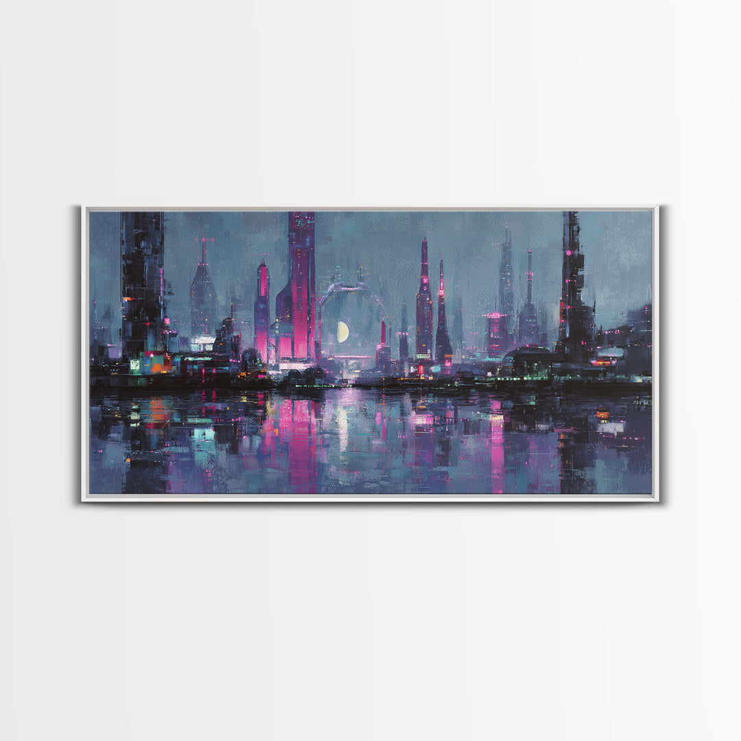 Dystopian Moon over Dense Rooftops Framed Canvas Print, Cyberpunk Art, Digital Art, Living Room Decor, Fine Art, Neon, CYB-2x1-86