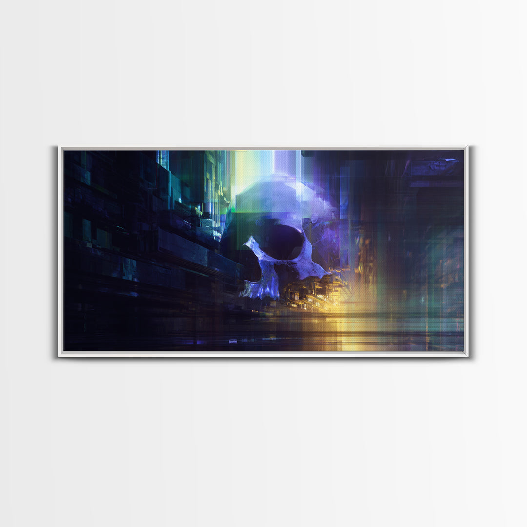 Cyberpunk Skull with Chrome and Violet Light Framed Canvas Print, Cyberpunk Art, Japanese Wall Art, Living Room Decor, Neon, CYB-2x1-88