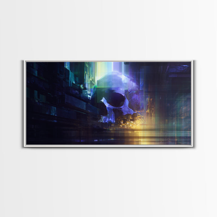 Cyberpunk Skull with Chrome and Violet Light Framed Canvas Print, Cyberpunk Art, Japanese Wall Art, Living Room Decor, Neon, CYB-2x1-88