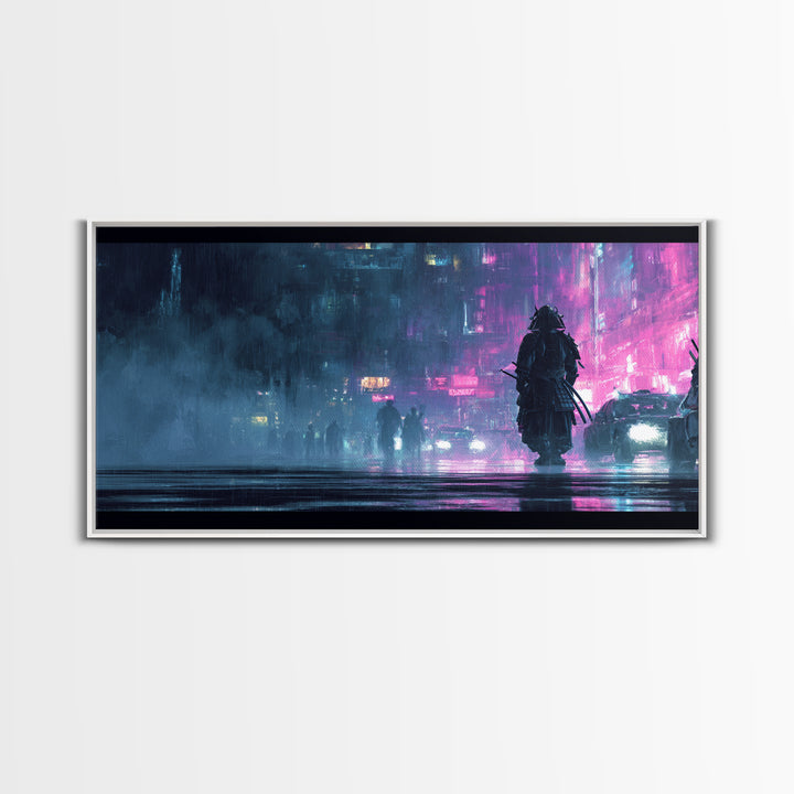 Neon Samurai Portrait Canvas Print, Cyberpunk Art, Cool Wall Art, Living Room Decor, Neon, Gallery Decor, Neutral Decor, CYB-2x1-93