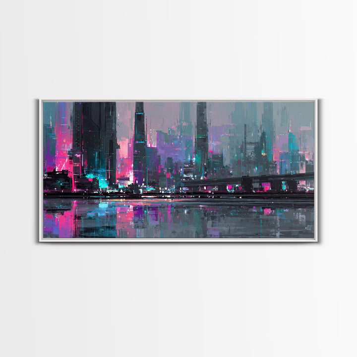 Futuristic City Skyline Canvas Print, Cyberpunk Art, Cyberpunk 2077, Living Room Decor, Fine Art, Neon, Cyberpunk Decor, CYB-2x1-94