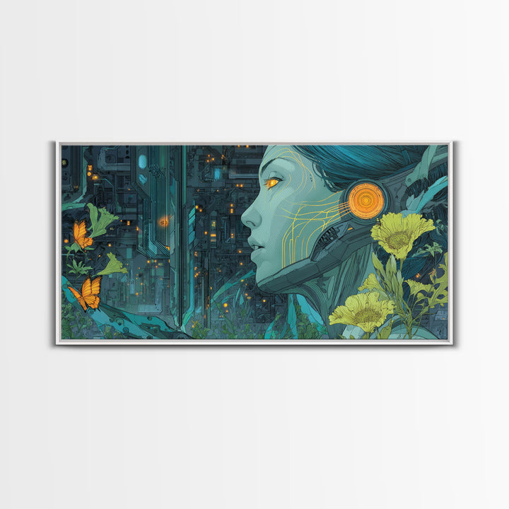 Android Woman with Glowing Circuitry and Flowers Canvas Print, Cyberpunk Art, Neutral Decor, Living Room Decor, Neon, CYB-2x1-95