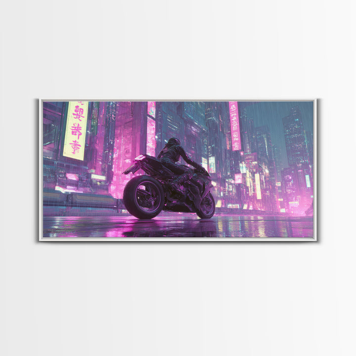 Motorcycle Rider under Holographic Signs Framed Canvas Print, Cyberpunk Art, Man Cave Decor, Living Room Decor, Fine Art, Neon, CYB-2x1-96