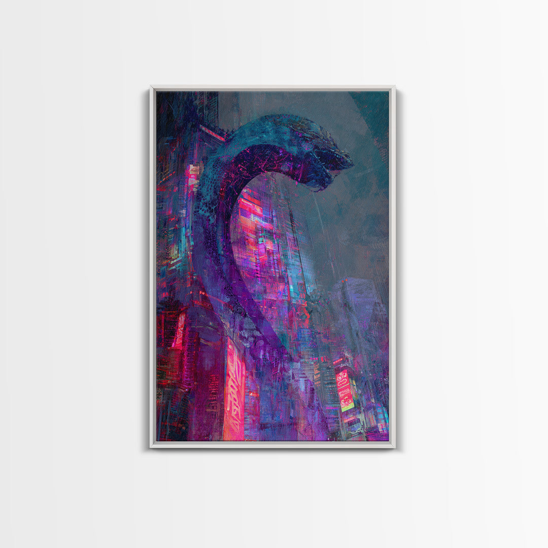 Neon Dragon Wrapped Around Skyscraper Shapes Framed Canvas Print, Cyberpunk Art, Poster, Living Room Decor, Fine Art, Neon, CYB-2x3-22
