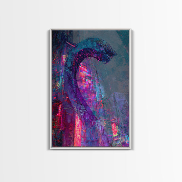 Neon Dragon Wrapped Around Skyscraper Shapes Framed Canvas Print, Cyberpunk Art, Poster, Living Room Decor, Fine Art, Neon, CYB-2x3-22