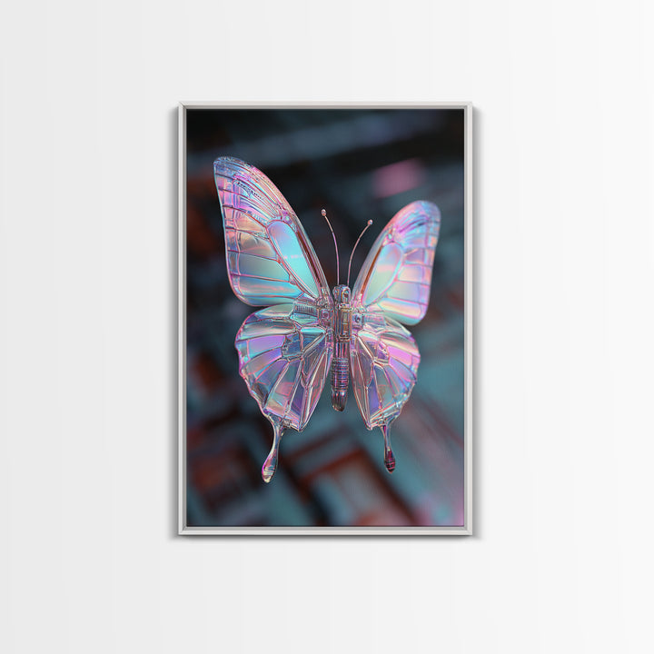 Holographic Butterfly over Black Metal Surface Canvas Print, Cyberpunk Art, Home Decor, Living Room Decor, Fine Art, Neon, CYB-2x3-27