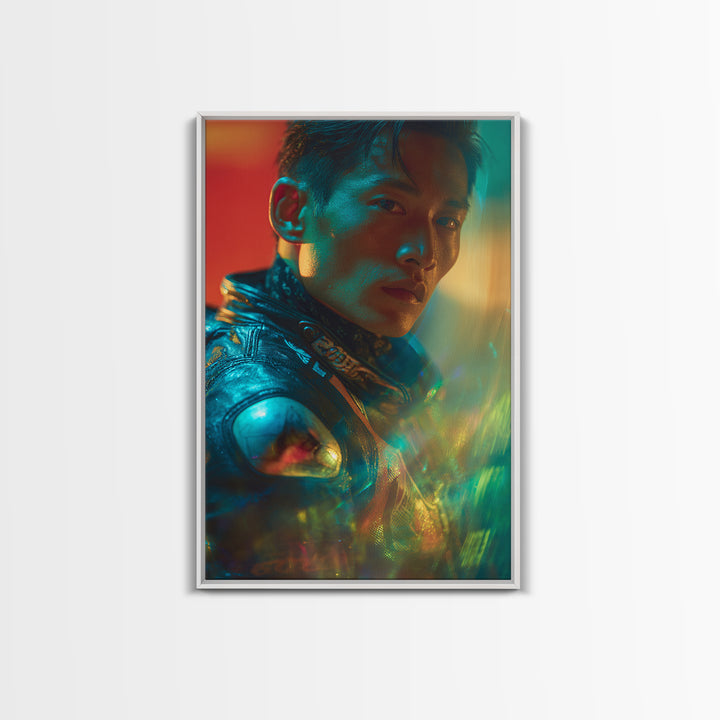Motorcycle Rider under Holographic Signs Framed Canvas Print, Cyberpunk Art, Modern Wall Decor, Living Room Decor, Neon, CYB-2x3-36