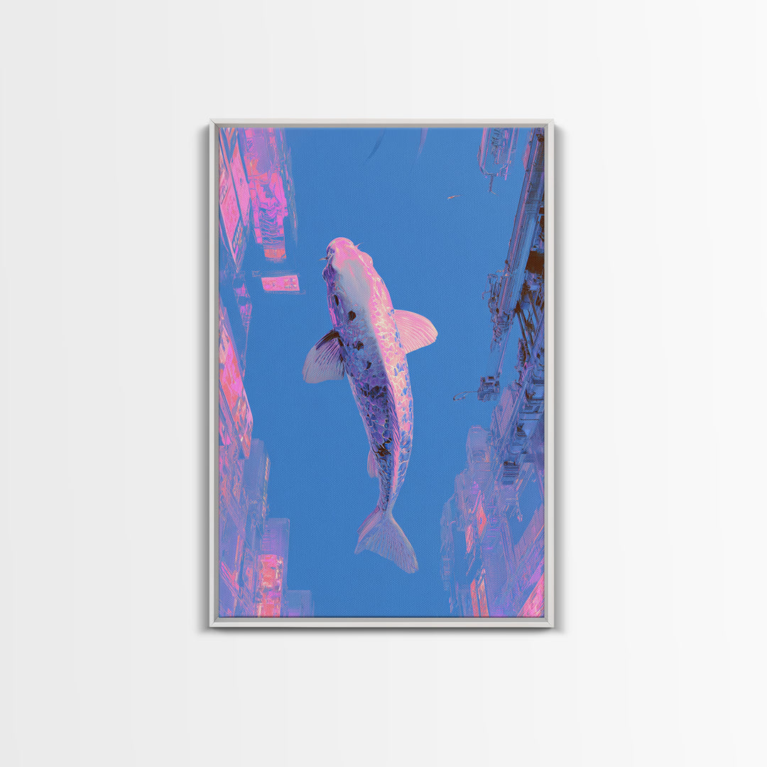 Cyberpunk Koi Swimming Through Electric Blue Water Framed Canvas Print, Cyberpunk Art, Movie Posters, Living Room Decor, Neon, CYB-2x3-37