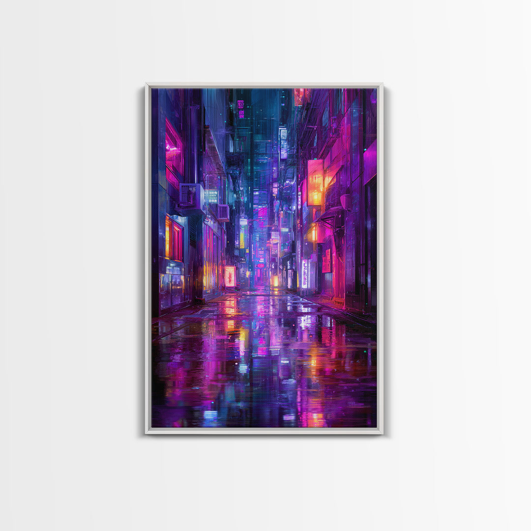 Rain Soaked Alley Canvas Print, Cyberpunk Art, Contemporary Art, Living Room Decor, Abstract Art, Neon, Canvas Wall Art, CYB-2x3-40