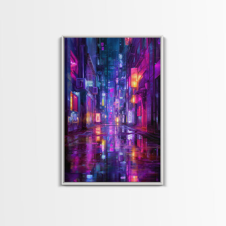 Rain Soaked Alley Canvas Print, Cyberpunk Art, Contemporary Art, Living Room Decor, Abstract Art, Neon, Canvas Wall Art, CYB-2x3-40