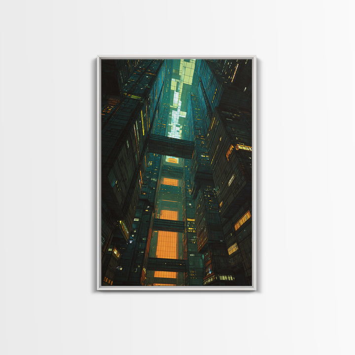 Retro Arcade Dystopia Framed Canvas Print, Cyberpunk Art, Living Room Decor, Watercolor Art, Neon, Japanese Wall Art, CYB-2x3-42