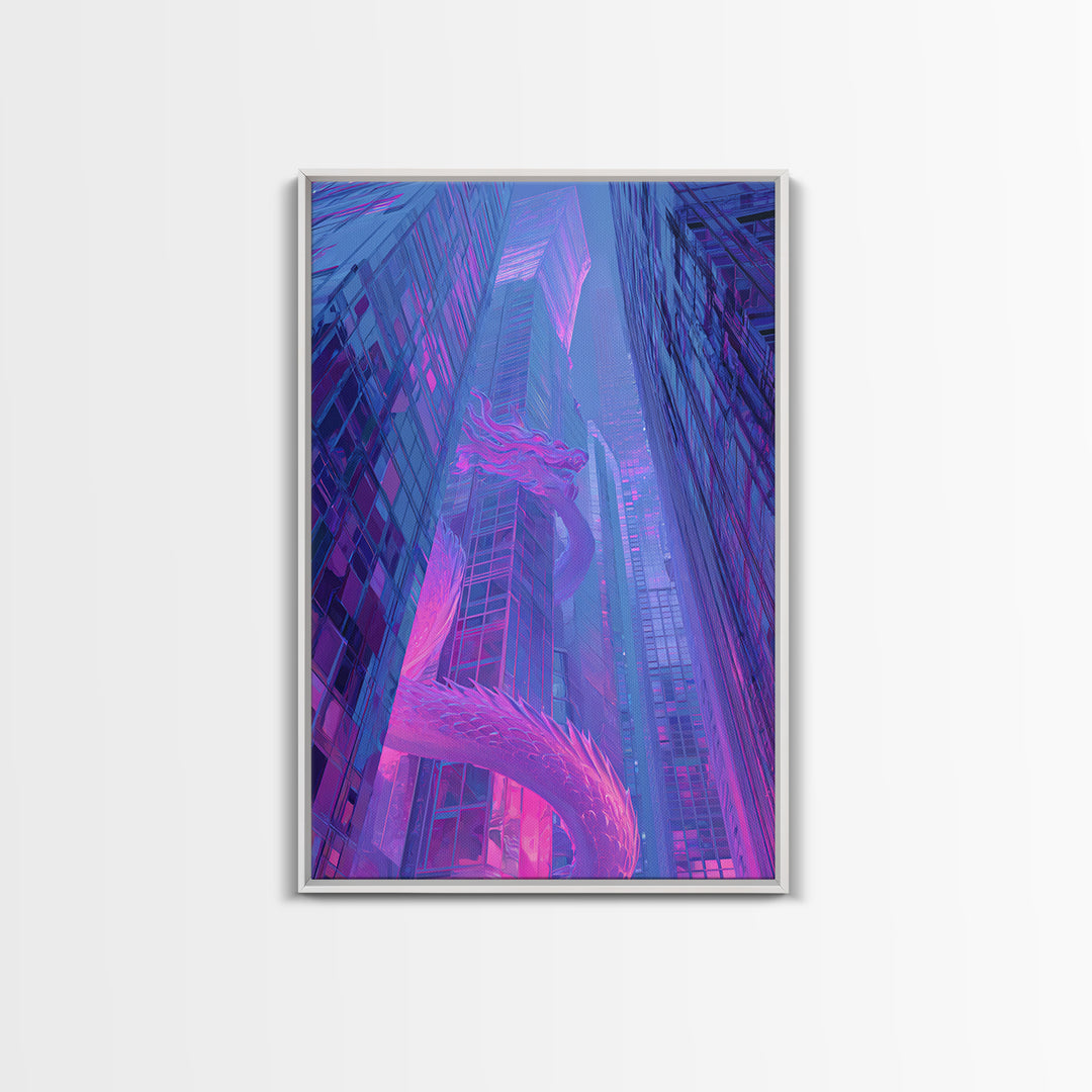 Neon Dragon Wrapped Around Skyscraper Shapes Framed Canvas Print, Cyberpunk Art, Poster, Living Room Decor, Fine Art, Neon, CYB-2x3-46