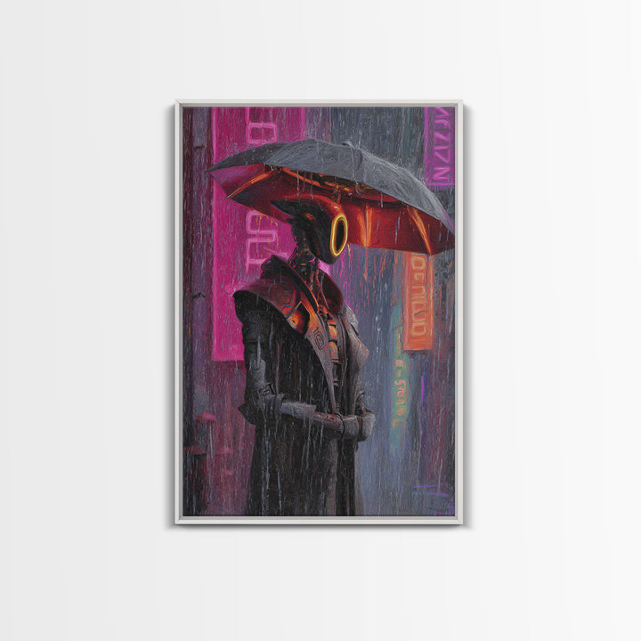 Glowing Umbrella Figure Framed Canvas Print, Cyberpunk Art, Canvas Wall Art, Living Room Decor, Fine Art, Neon, Space Art, CYB-2x3-47