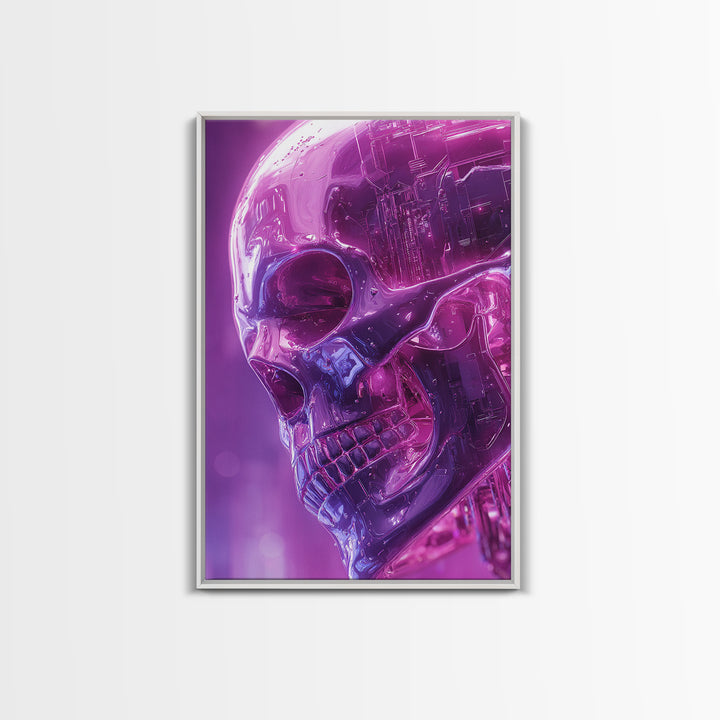 Cyberpunk Skull with Chrome and Violet Light Framed Canvas Print, Cyberpunk Art, Poster, Living Room Decor, Fine Art, Neon, CYB-2x3-52