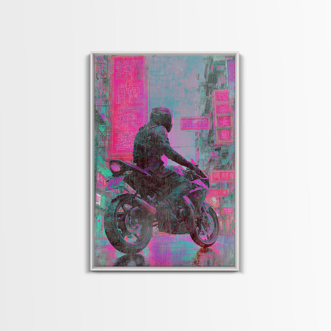 Motorcycle Rider under Holographic Signs Framed Canvas Print, Cyberpunk Art, Gothic Decor, Living Room Decor, Fine Art, Neon, CYB-2x3-60