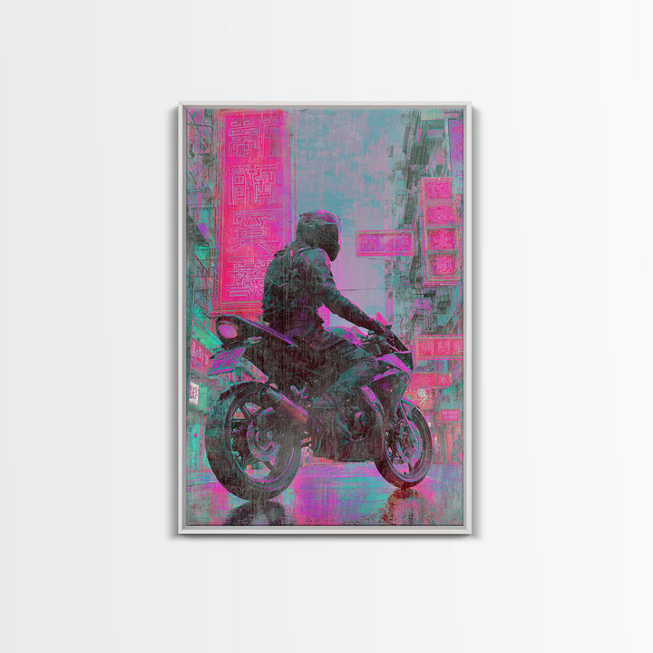 Motorcycle Rider under Holographic Signs Framed Canvas Print, Cyberpunk Art, Gothic Decor, Living Room Decor, Fine Art, Neon, CYB-2x3-60