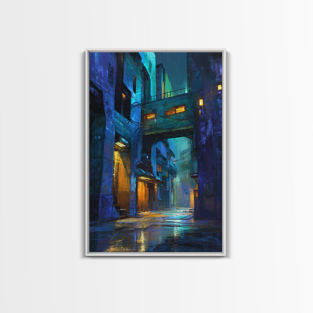 Rain Soaked Alley Framed Canvas Print, Cyberpunk Art, Art Print, Living Room Decor, Abstract Art, Neon, Blue Wall Art, CYB-2x3-64