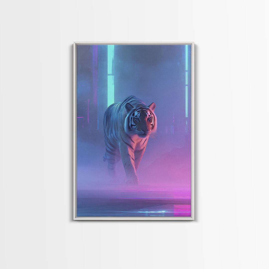 Neon Tiger Emerging from Digital Fog Canvas Print, Cyberpunk Art, Blue Wall Art, Living Room Decor, Neon, Modern Wall Decor, CYB-2x3-65