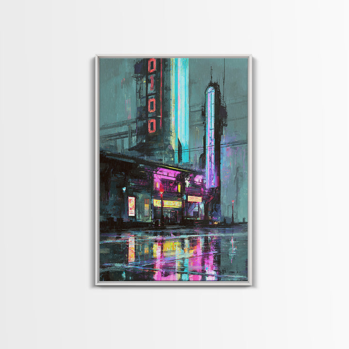 Retro Arcade Dystopia Canvas Print, Cyberpunk Art, Living Room Decor, Oil Painting, Neon, Digital Download Art, CYB-2x3-66
