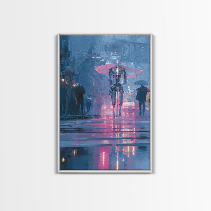 Glowing Umbrella Figure Canvas Print, Cyberpunk Art, Blue Wall Art, Living Room Decor, Fine Art, Neon, Modern Wall Decor, CYB-2x3-71
