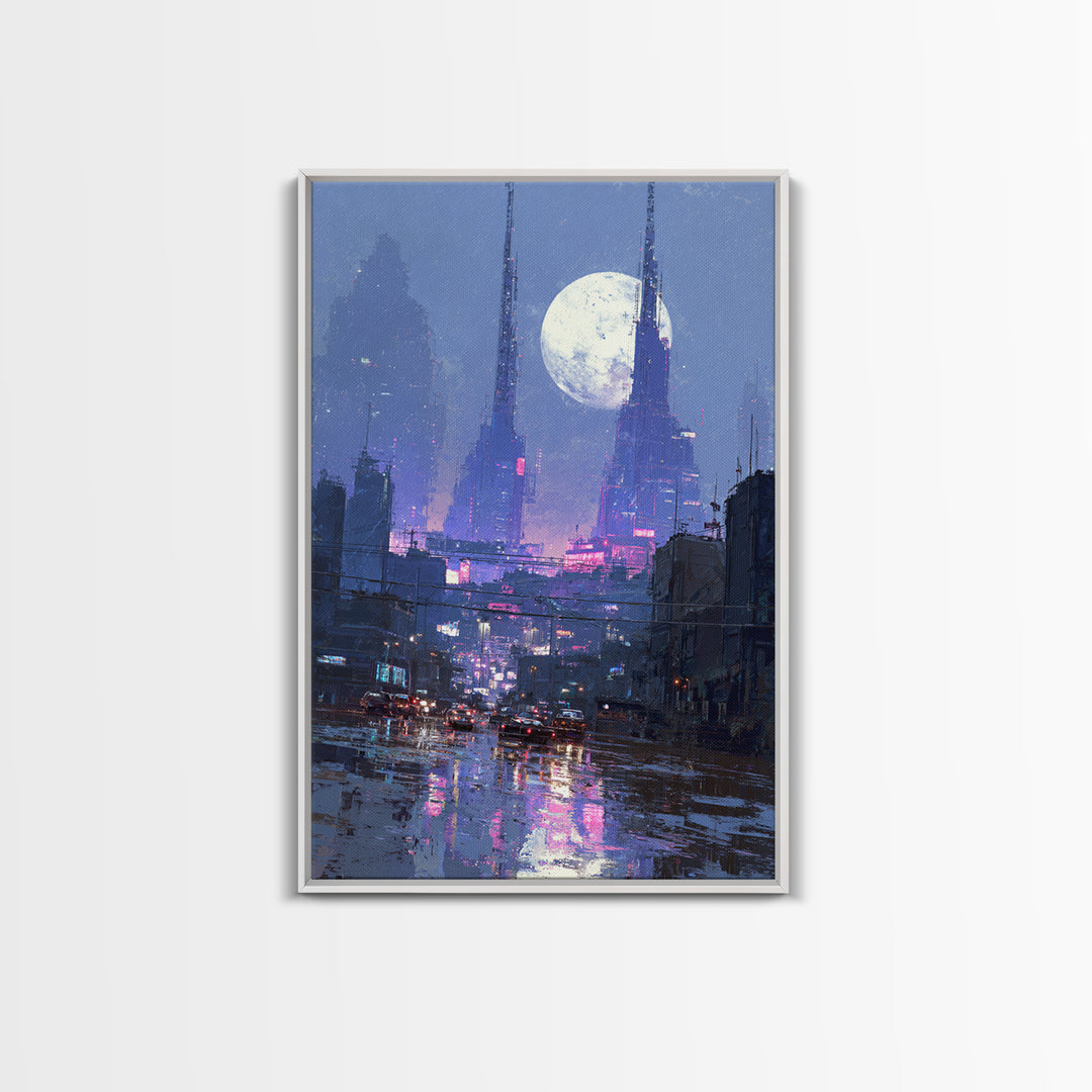 Dystopian Moon over Dense Rooftops Framed Canvas Print, Cyberpunk Art, Digital Wall Art, Living Room Decor, Watercolor Art, CYB-2x3-74