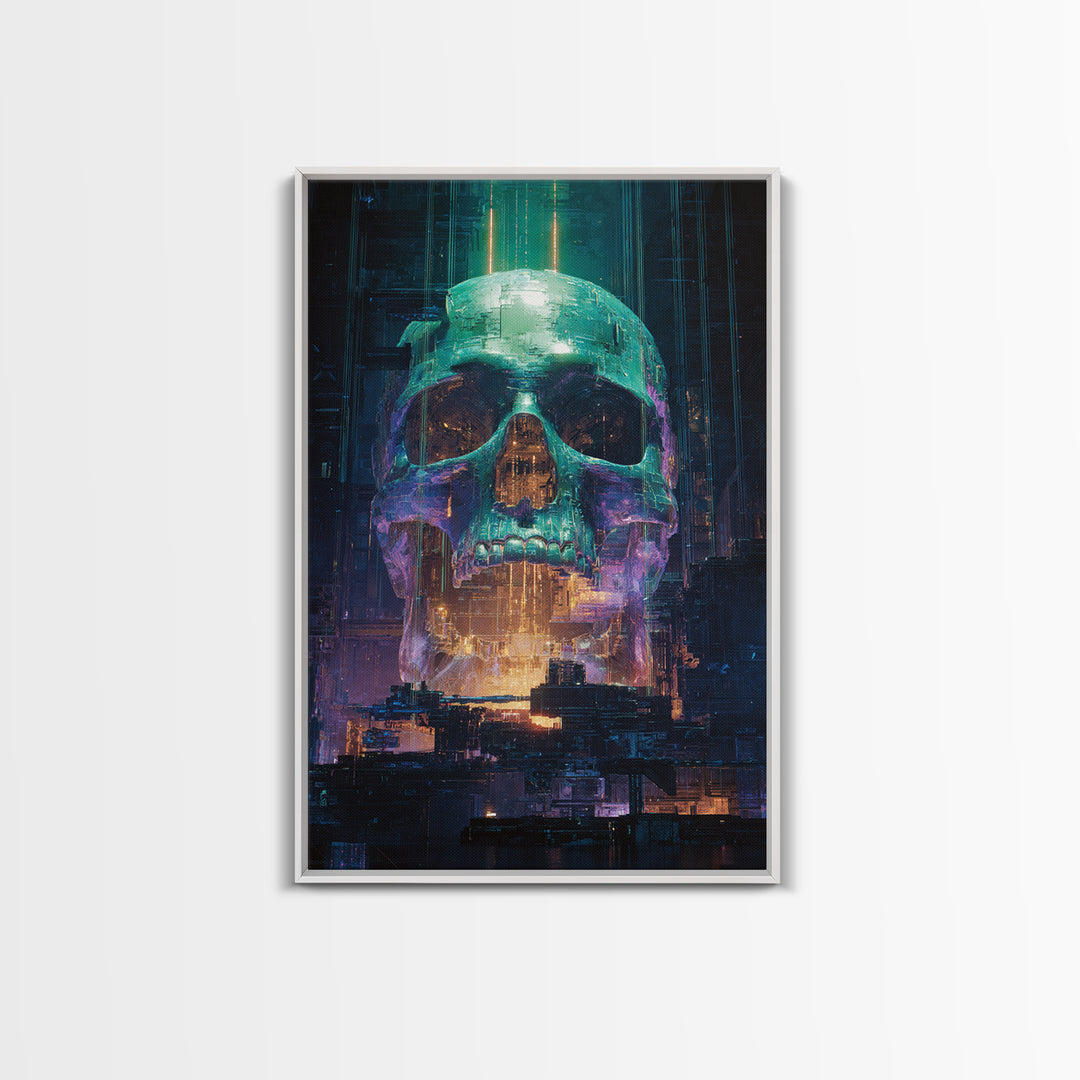 Cyberpunk Skull with Chrome and Violet Light Framed Canvas Print, Cyberpunk Art, Urban Wall Art, Living Room Decor, Neon, CYB-2x3-76
