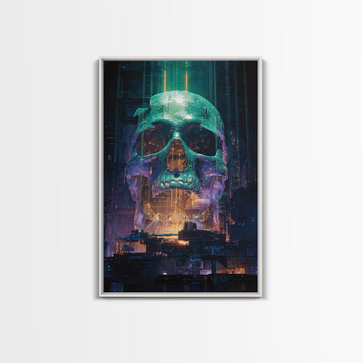 Cyberpunk Skull with Chrome and Violet Light Framed Canvas Print, Cyberpunk Art, Urban Wall Art, Living Room Decor, Neon, CYB-2x3-76